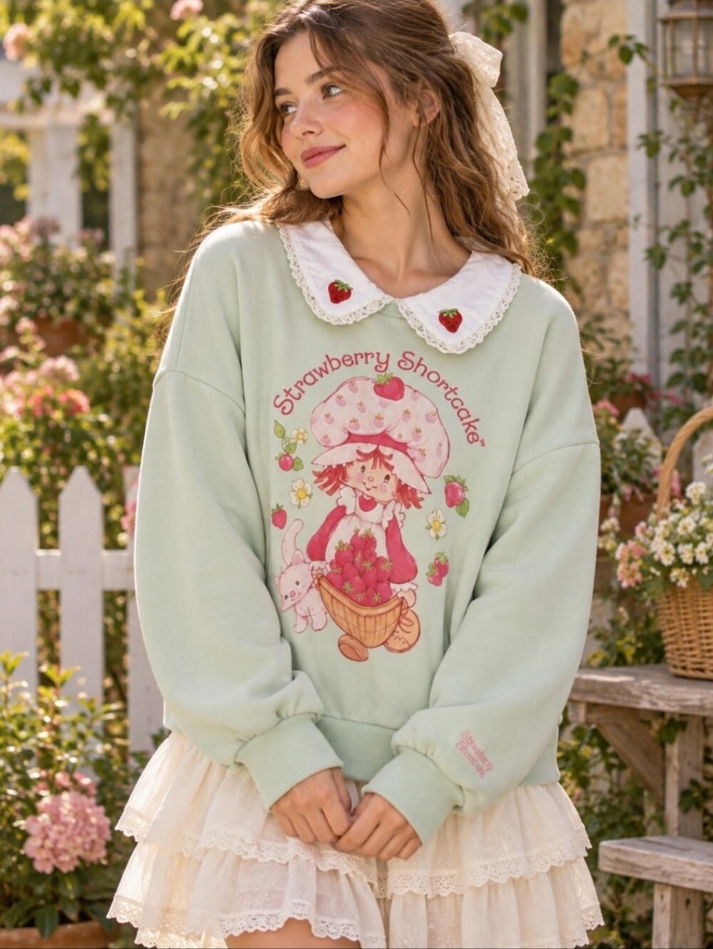 Dolls Kill X Strawberry Shortcake Mint Green Oversized Sweatshirt Lace Collar